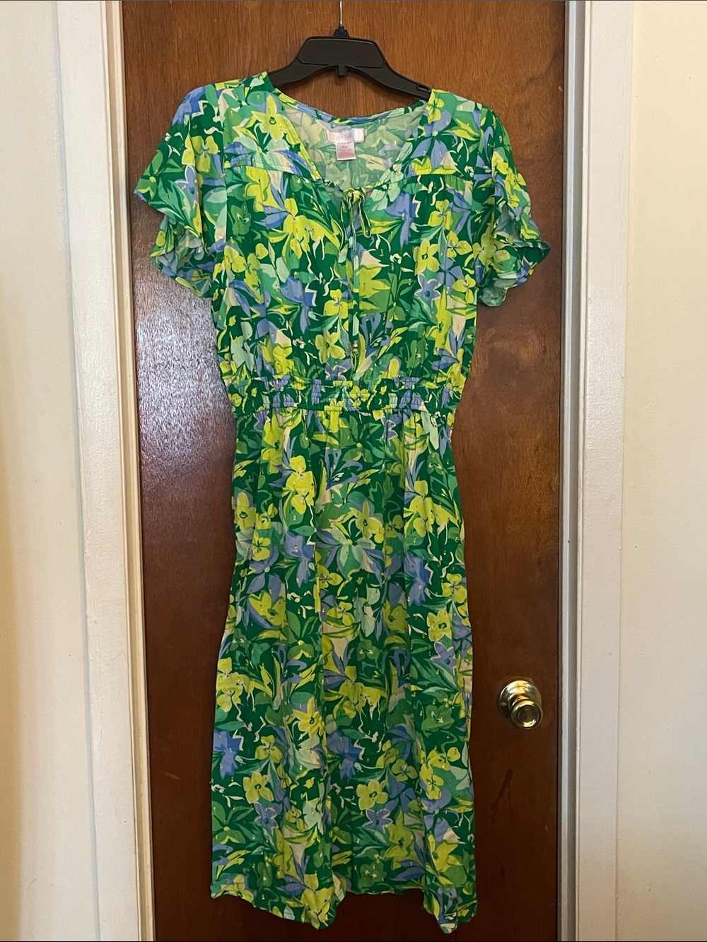 Floral Green & Yellow Midi Dress with Tie Neck